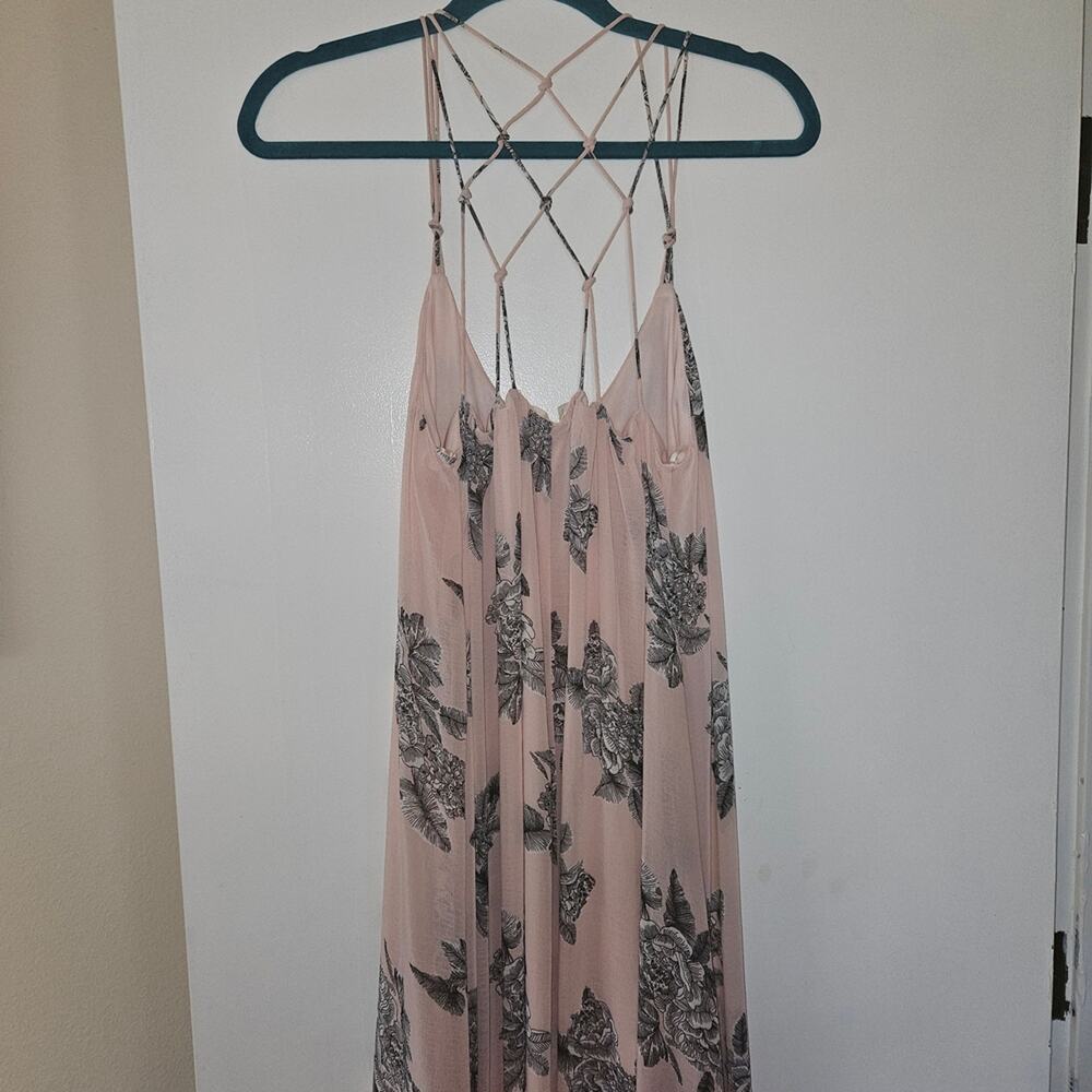 Lovestitch pink floral maxi dress with spaghetti straps and a criss-cross back